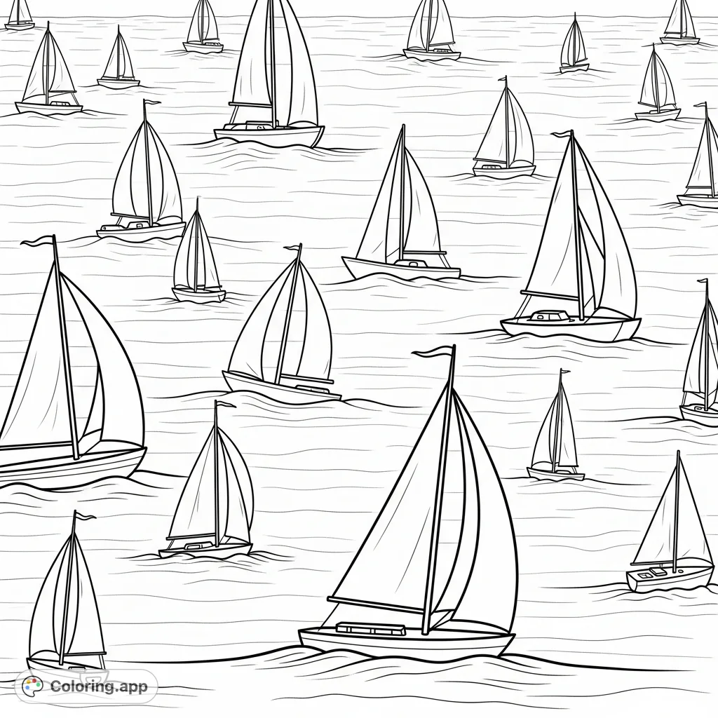 A tranquil scene of numerous sailboats gliding across a calm, rippling sea, each with a single mast and billowing sail. Perfect for a relaxing coloring experience.