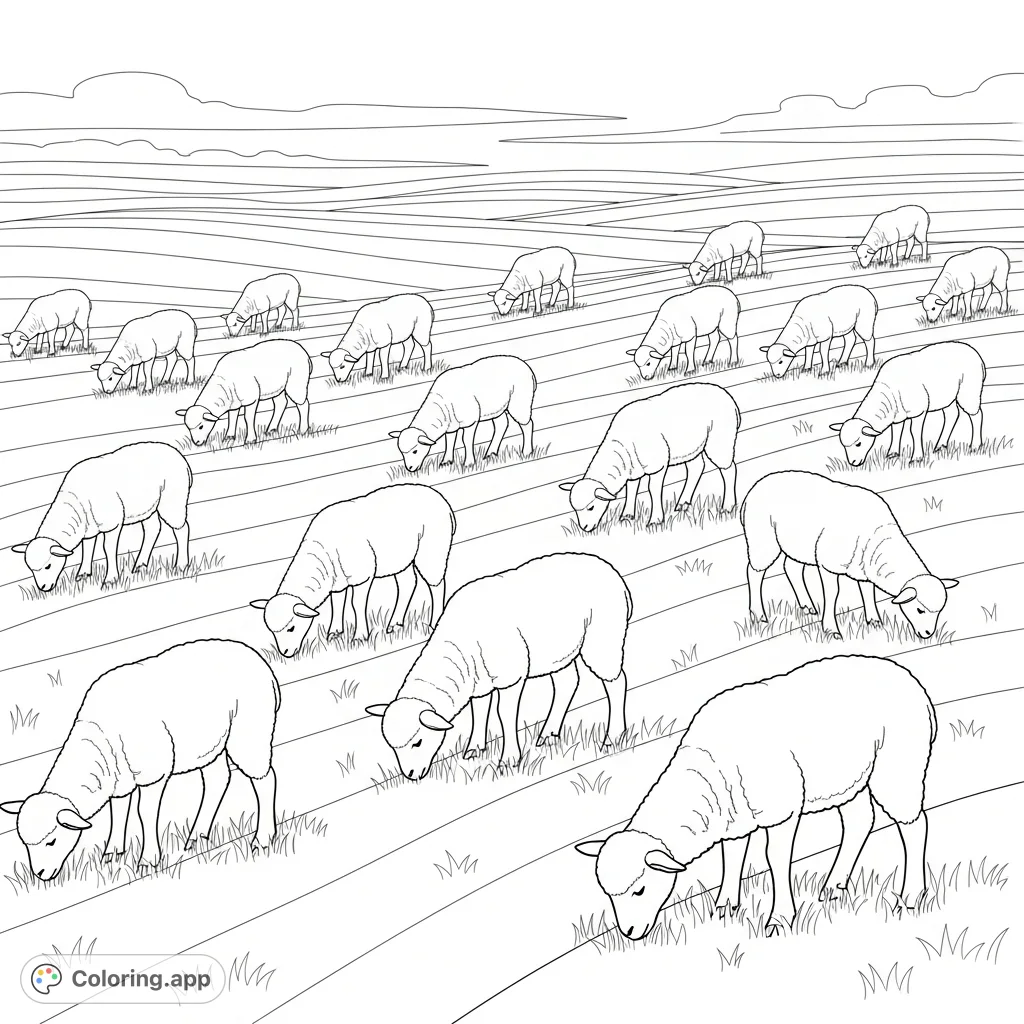 Discover peace with this delightful lambs grazing coloring page. Identical, fluffy lambs peacefully nibble grass in a vast, serene pasture of rolling hills.