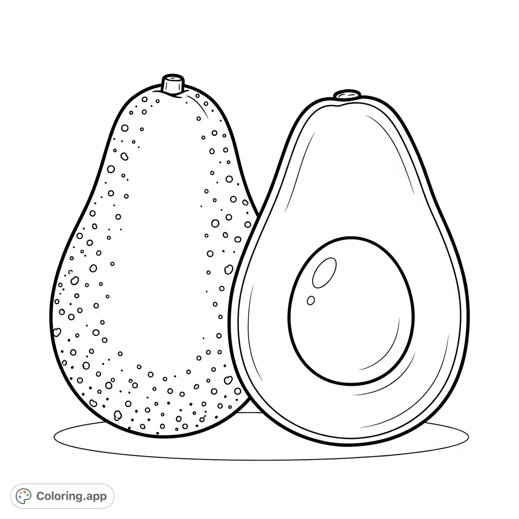 A charming avocado coloring page featuring two friendly avocados, one whole and one sliced open, perfect for a relaxing and simple coloring experience.