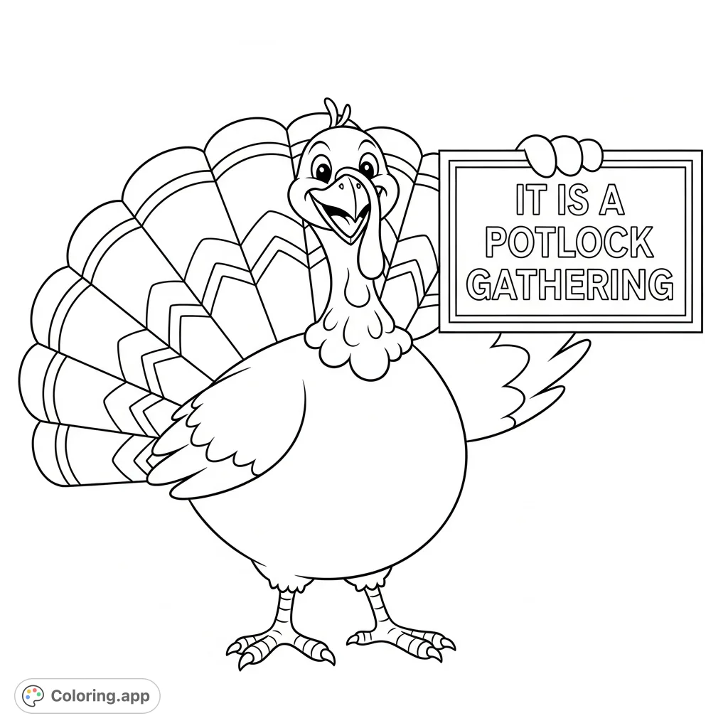 A cheerful turkey holds a sign proclaiming "IT IS A POTLOCK GATHERING". This cute turkey coloring page is perfect for holiday fun and creative expression.