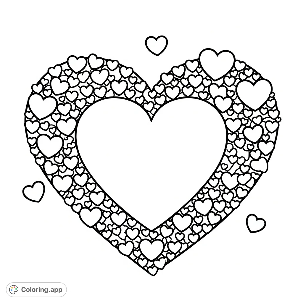 A captivating heart coloring page featuring a large hollow heart filled with a multitude of smaller, overlapping hearts, creating a beautiful mosaic pattern.
