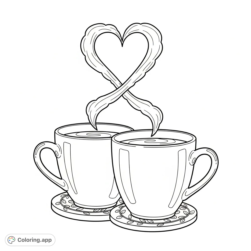 Two ceramic coffee mugs emit delicate steam that forms a perfect heart above them, resting on a floral coaster. A charming coffee mug coloring page.