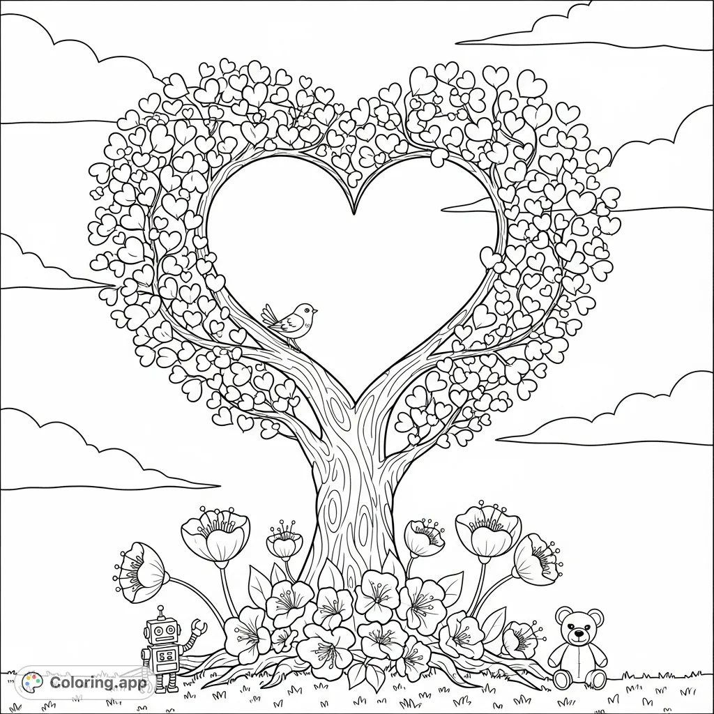 Discover a beautiful Heart Tree coloring page, adorned with heart-shaped leaves and flowers, plus a tiny bird, symbolizing nature and affection.