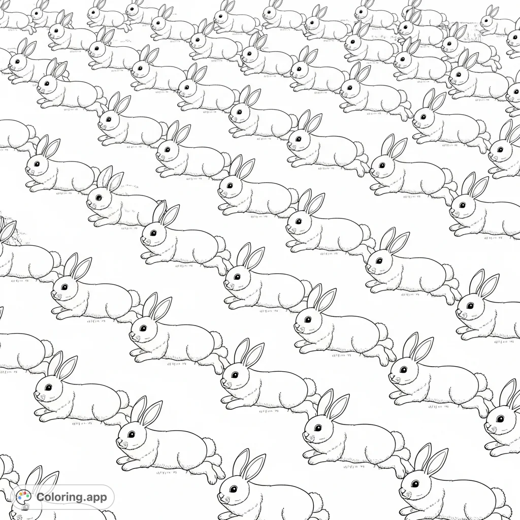 Discover a charming fluffy bunnies coloring page featuring numerous identical bunnies hopping in a neat diagonal grid across a vast field. Perfect for all ages!
