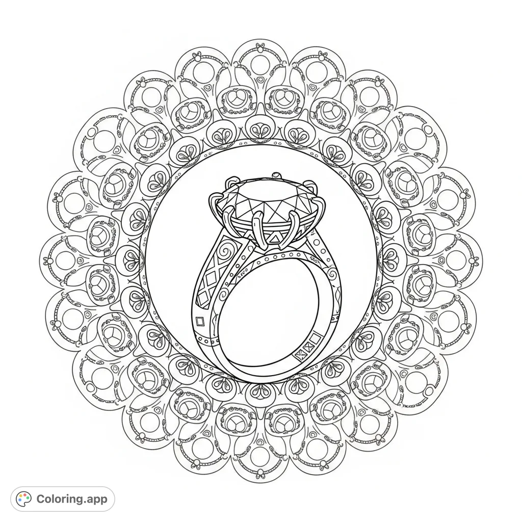 Discover an intricate jewelry ring coloring page featuring a large central gem and radiating concentric patterns of interconnected circles and abstract florals.
