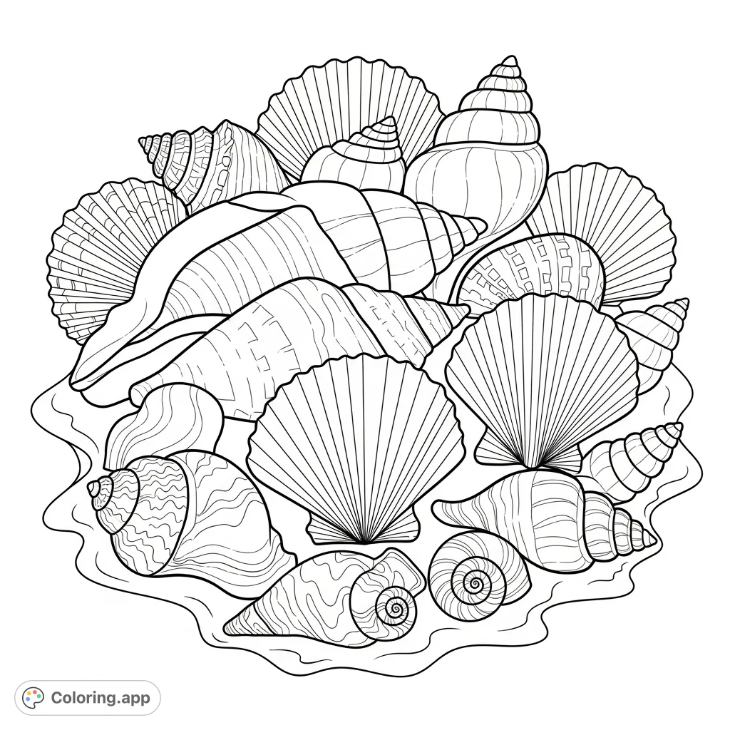 Discover a beautiful seashells coloring page featuring a rich collection of conch, scallop, and spiral shells. Explore intricate textures and natural patterns.
