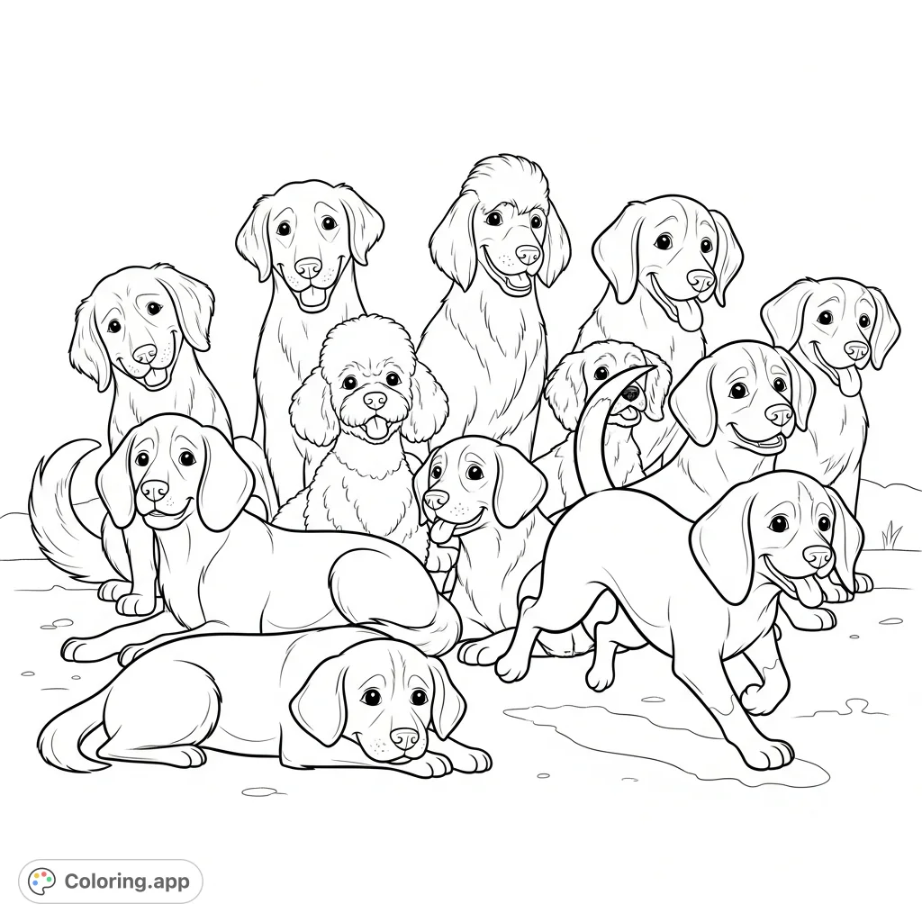 Discover a delightful array of friendly dogs in various playful poses, from sitting and trotting to resting, filling the frame with charming, gentle expressions.
