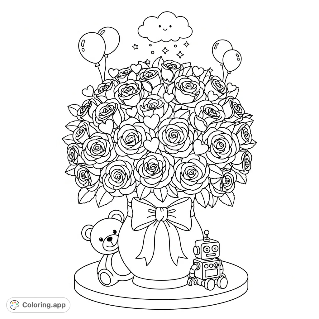 Discover a beautiful rose bouquet coloring page. A vase overflows with detailed roses and heart-shaped leaves, adorned with a delicate ribbon, resting on a small table.