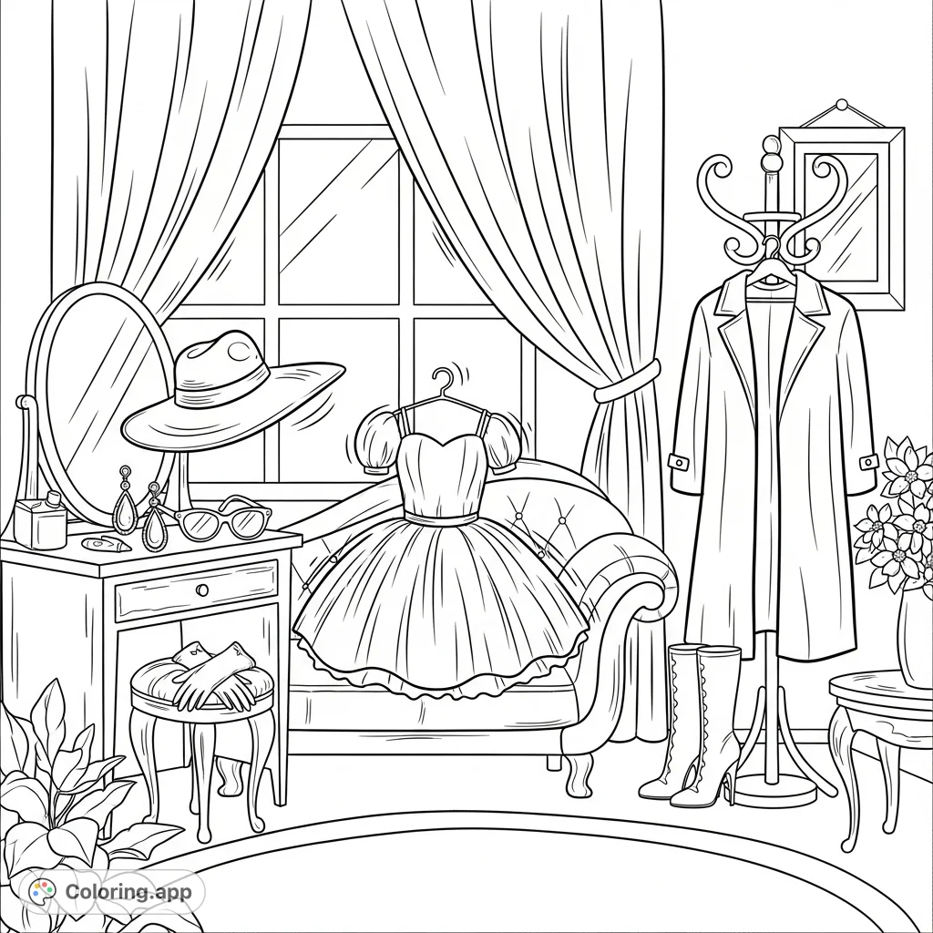 Step into a world of elegance with this luxurious dressing room coloring page, featuring a mini-puffy dress, chic accessories, and sophisticated decor.