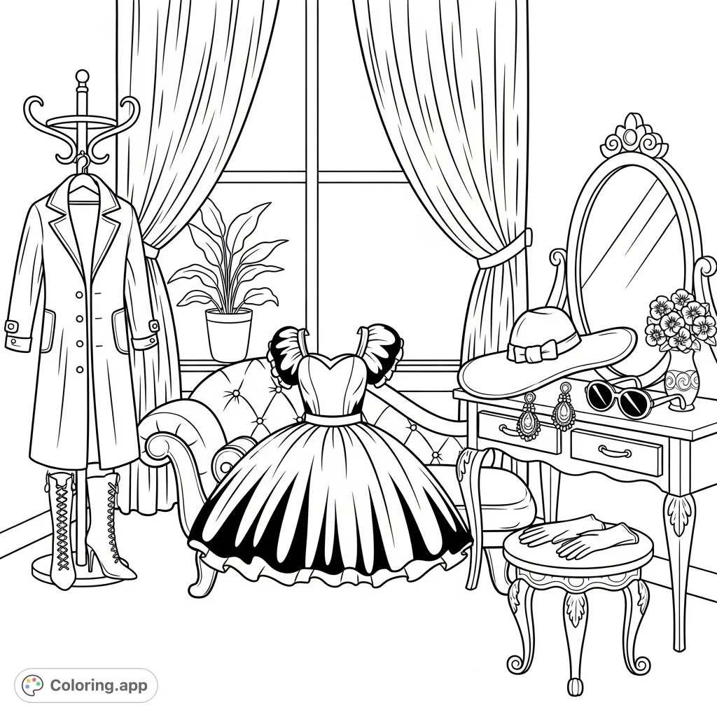Step into a world of elegance with this luxurious dressing room coloring page, featuring a puffy dress, chic accessories, and sophisticated decor.