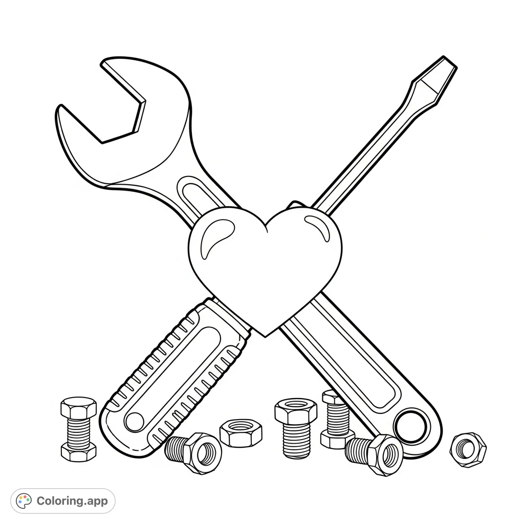 A unique tools-themed coloring page featuring a heavy-duty wrench and a sleek screwdriver crossed with a solid heart, surrounded by nuts and bolts.