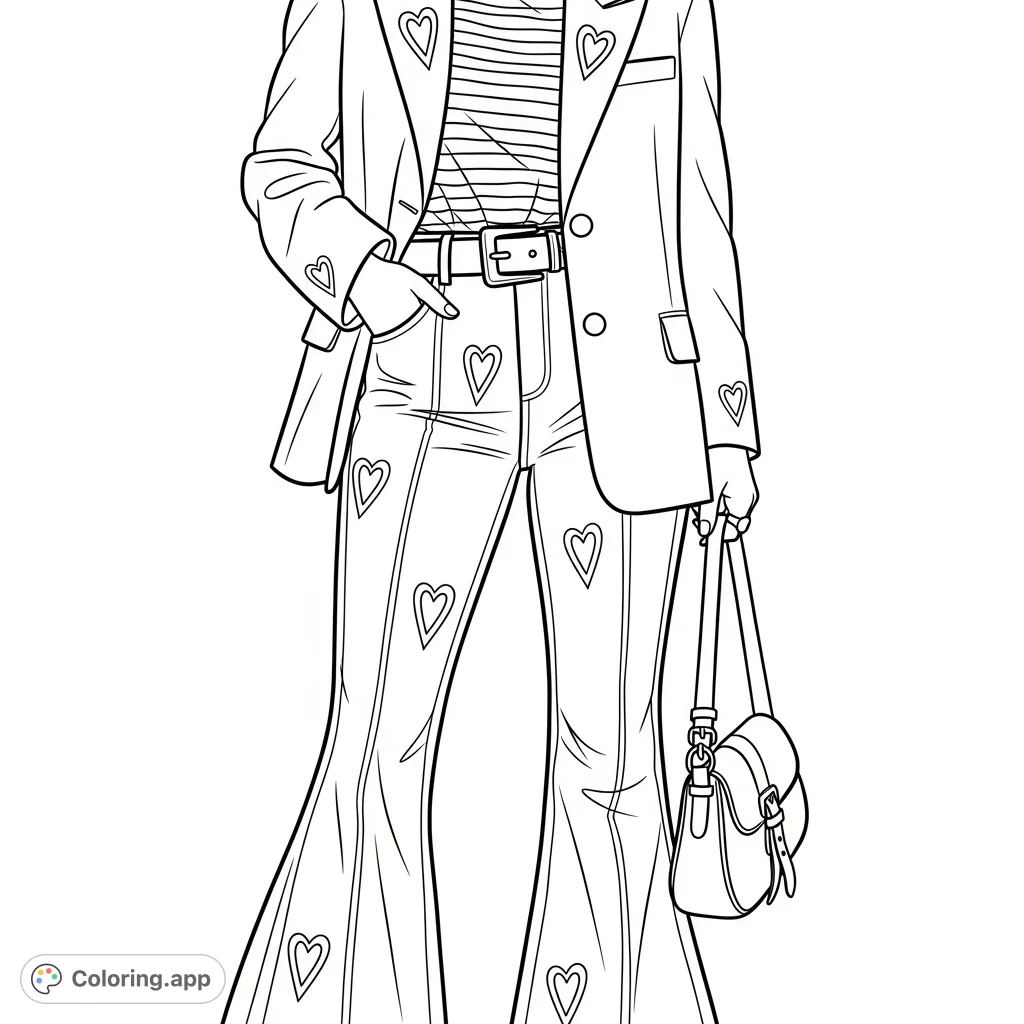 Explore contemporary style with this detailed coloring page featuring a person in a structured blazer, striped t-shirt, flared jeans, and a chic shoulder bag.