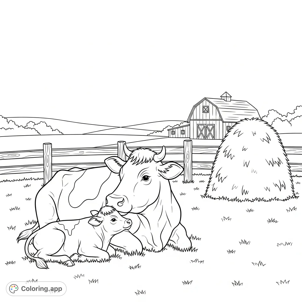 Discover a charming farm animal coloring page featuring a mother cow and her calf in a rustic pasture, complete with a barn and hay bale.