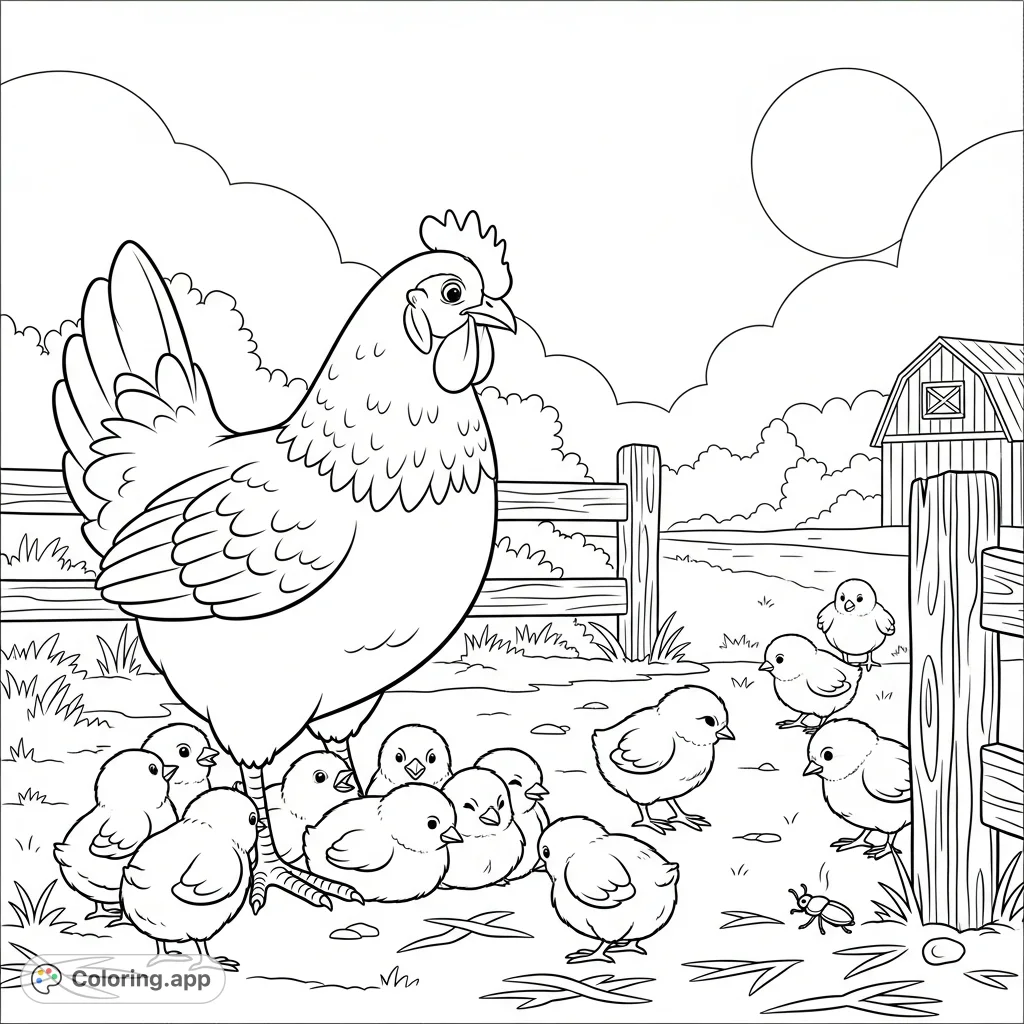 Discover a charming farmyard scene featuring a watchful mother hen and her fluffy chicks exploring. Perfect for a relaxing and detailed coloring experience!