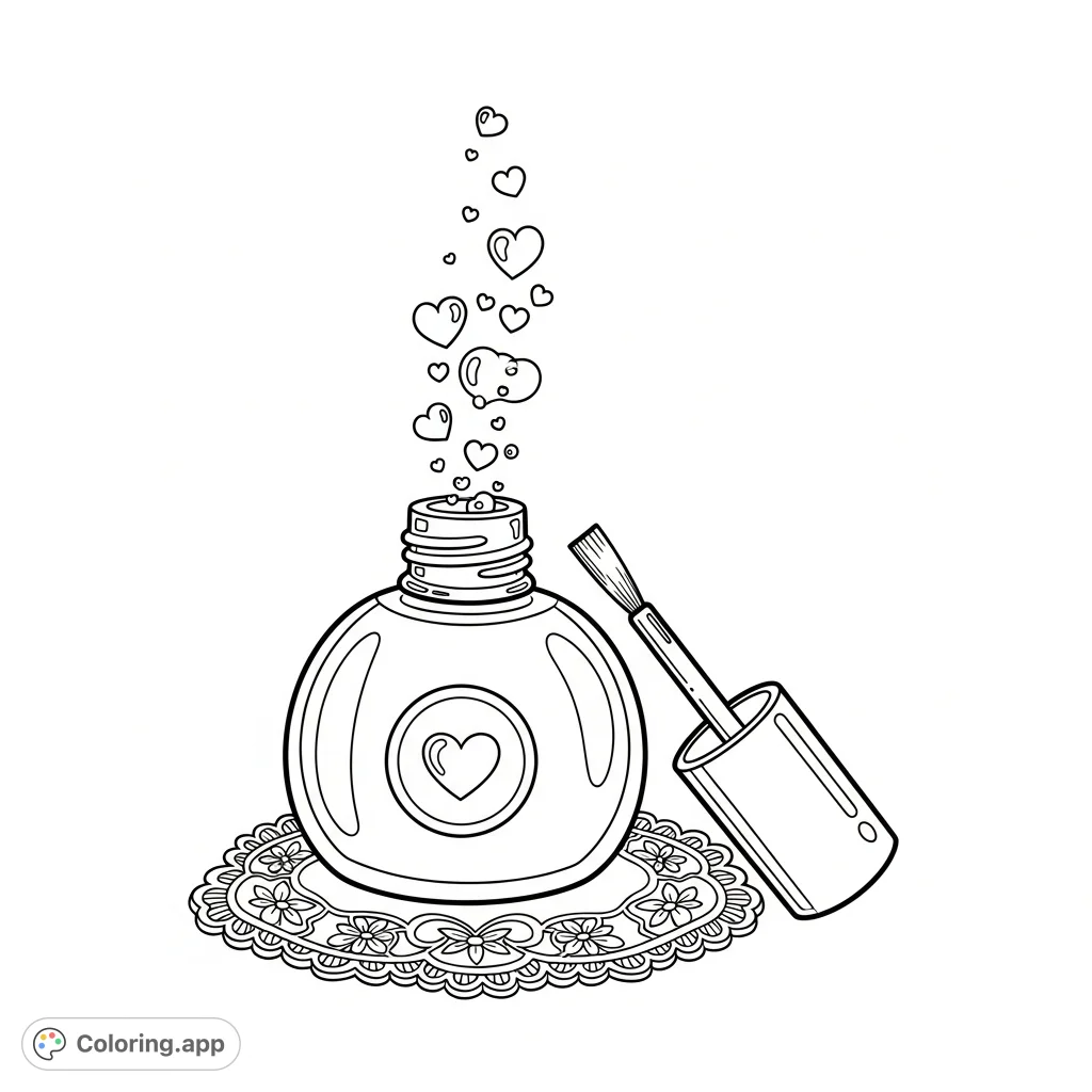 A charming coloring page featuring a smooth, rounded nail polish bottle, its brush, and heart-shaped bubbles rising, all atop a lace coaster.