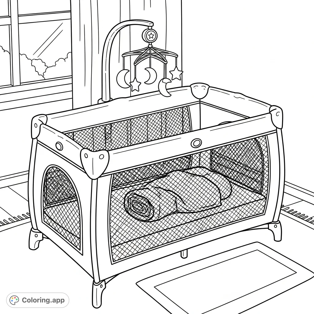 A charming nursery scene featuring an open portable crib, a star and moon mobile, and a soft blanket, perfect for peaceful coloring moments.