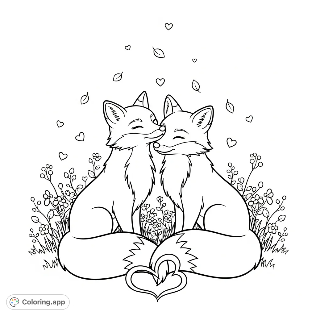 An endearing scene of two foxes, nose to nose, with tails forming a heart amidst delicate wildflowers, surrounded by drifting leaves and tiny hearts. A delightful visual.