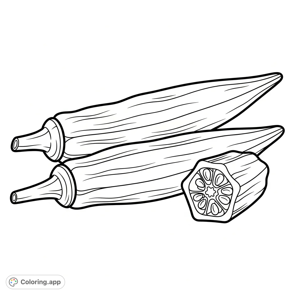 Explore the distinct forms and textures of okra pods, featuring whole pods and a detailed cross-section with star-shaped interior and seeds.