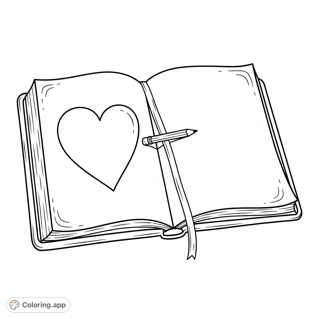 Color a charming open notebook with a large heart outline and a tiny pencil. Perfect for personalizing or a sweet message.