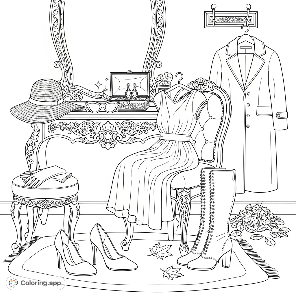 Discover an opulent dressing table laden with women's summer attire, including a midi dress, wide-brimmed hat, sparkling jewelry, and elegant shoes.