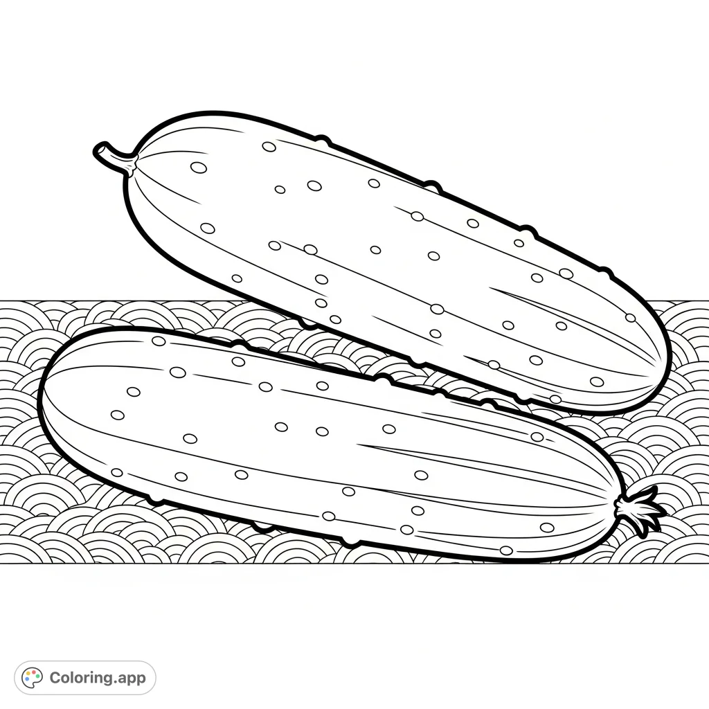 A refreshing coloring page featuring two elongated cucumbers, one horizontal and one diagonal, with subtle bumps and stems. Perfect for a simple, natural theme.