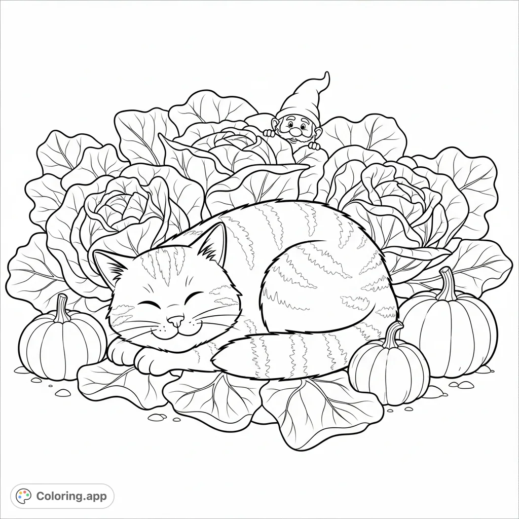 A plump farm cat naps peacefully amidst leafy cabbage plants and pumpkins in a sun-dappled garden, watched by a tiny, smiling garden gnome.