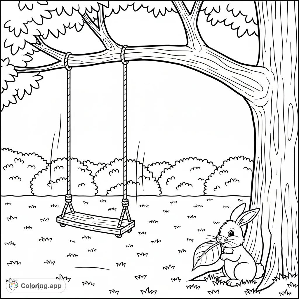 Discover a tranquil garden coloring page featuring a gentle wooden swing on a tree branch, a friendly rabbit, and serene natural elements for a calming artistic escape.