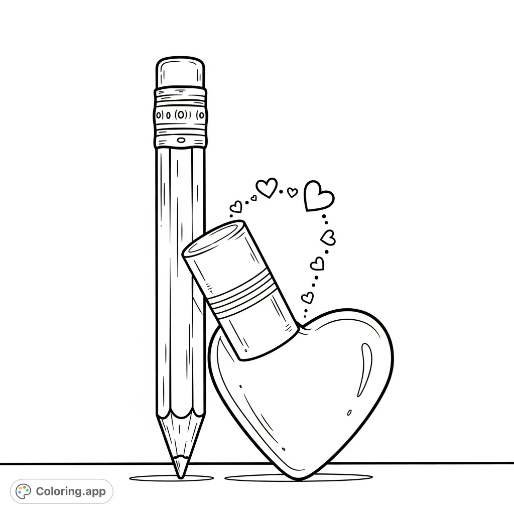 A charming scene featuring a classic pencil and a heart-shaped eraser, connected by a whimsical trail of tiny hearts. Perfect for expressing affection and creativity.