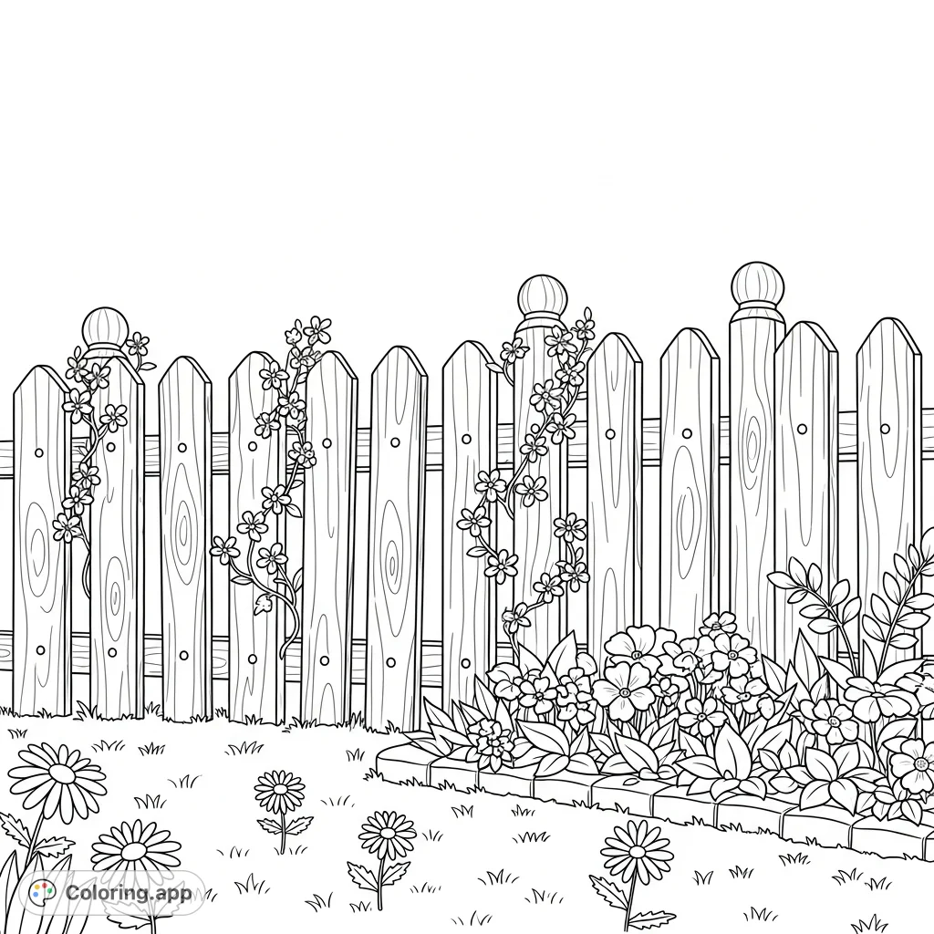 A charming scene featuring a classic wooden picket fence adorned with climbing vines and star-shaped flowers, separating a grassy lawn from a vibrant flower bed. A delightful garden vista.