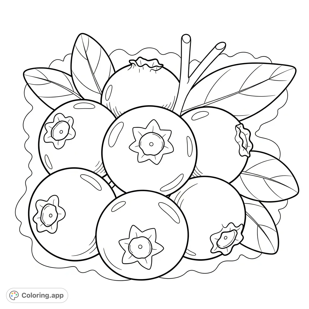 A delightful cluster of plump, ripe blueberries with slender stems and intertwined leaves, set against a cute, subtly patterned background. A charming fruit coloring page.