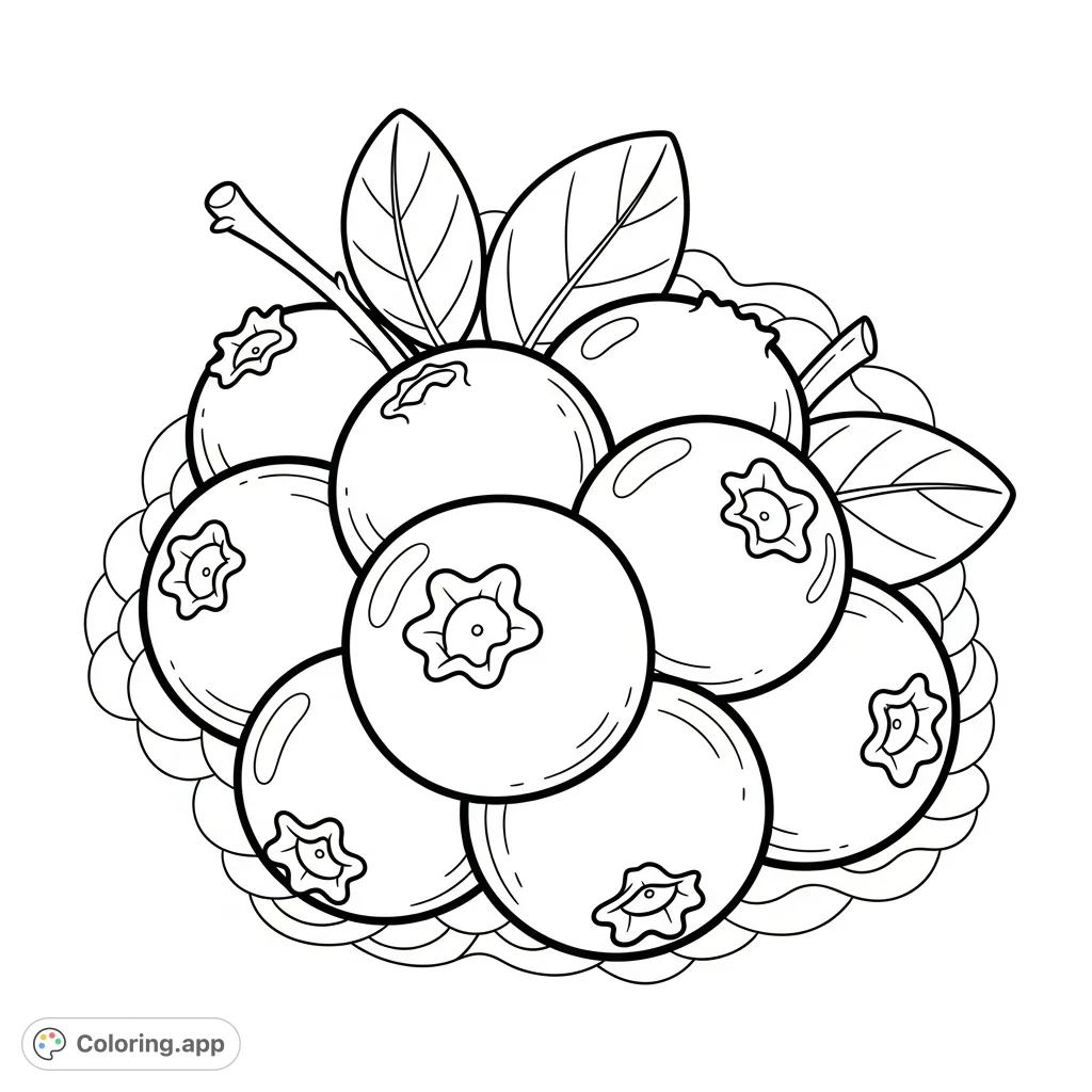 Discover a delightful cluster of plump blueberries, nestled among slender stems and oval leaves. Perfect for a calming coloring experience, bringing nature's simple beauty to life.