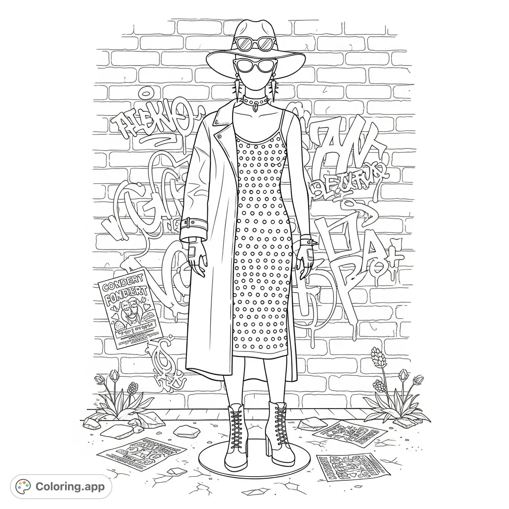 Explore urban fashion with this punk style mannequin coloring page. Featuring a studded dress, graffiti wall, and street details for creative expression.