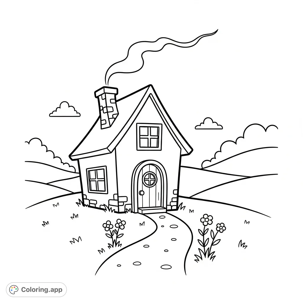 Discover a charming, quaint cottage nestled in rolling hills, featuring a winding path, a round window, and blooming wildflowers. A peaceful scene awaits your creative touch.