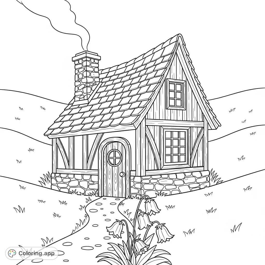 A charming cottage nestled in rolling hills with a winding path and wildflowers. Perfect for a cozy countryside escape coloring page.