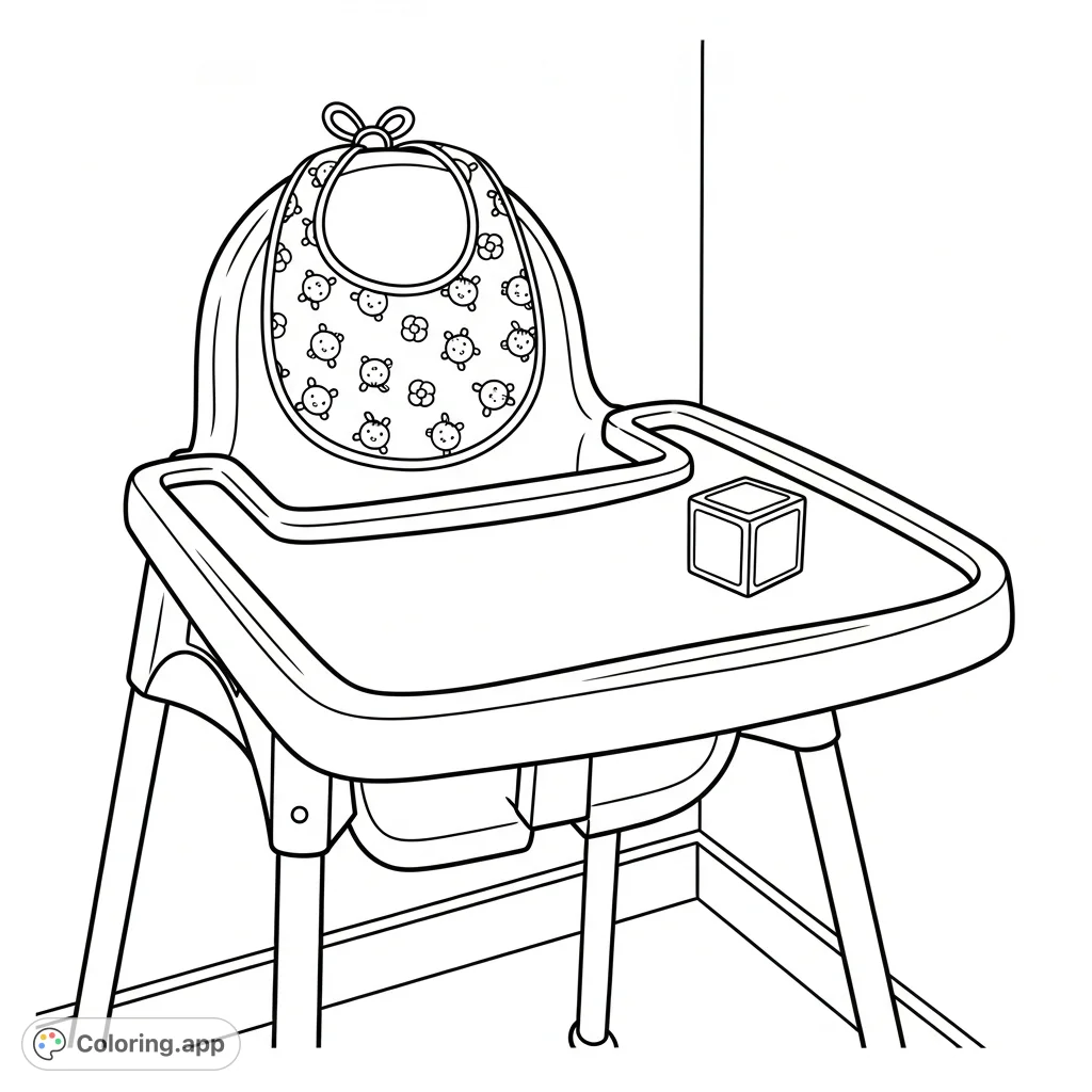 Capture the quiet anticipation of a kitchen corner with an empty high chair, an animal-print bib, and a single toy block awaiting a child's return.