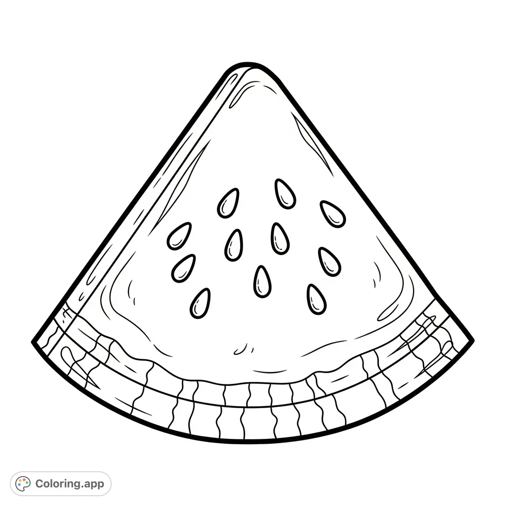 Indulge in a delightful watermelon slice coloring page. This free printable offers a large, freshly cut fruit with detailed flesh, seeds, and striped rind.