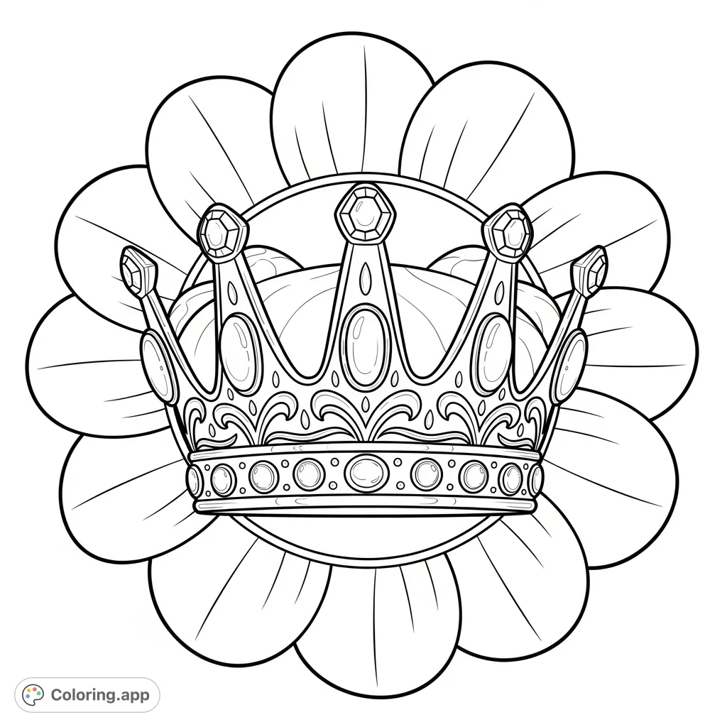 Color a magnificent crown adorned with prominent jewel shapes, surrounded by an elegant circular border of oversized, gently curving petals. A regal and striking design awaits.