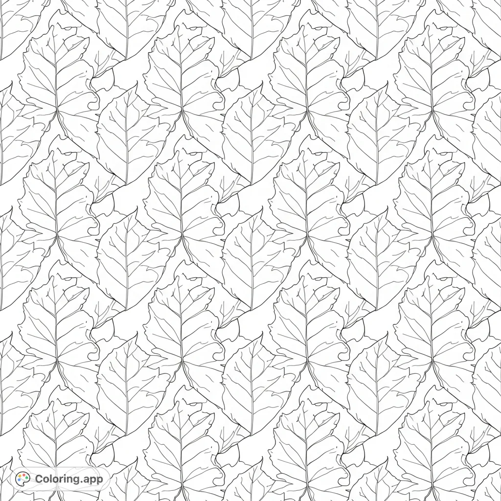 Discover a serene tree leaf pattern coloring page. Meticulously arranged leaves with intricate veins form a calming, continuous botanical grid.