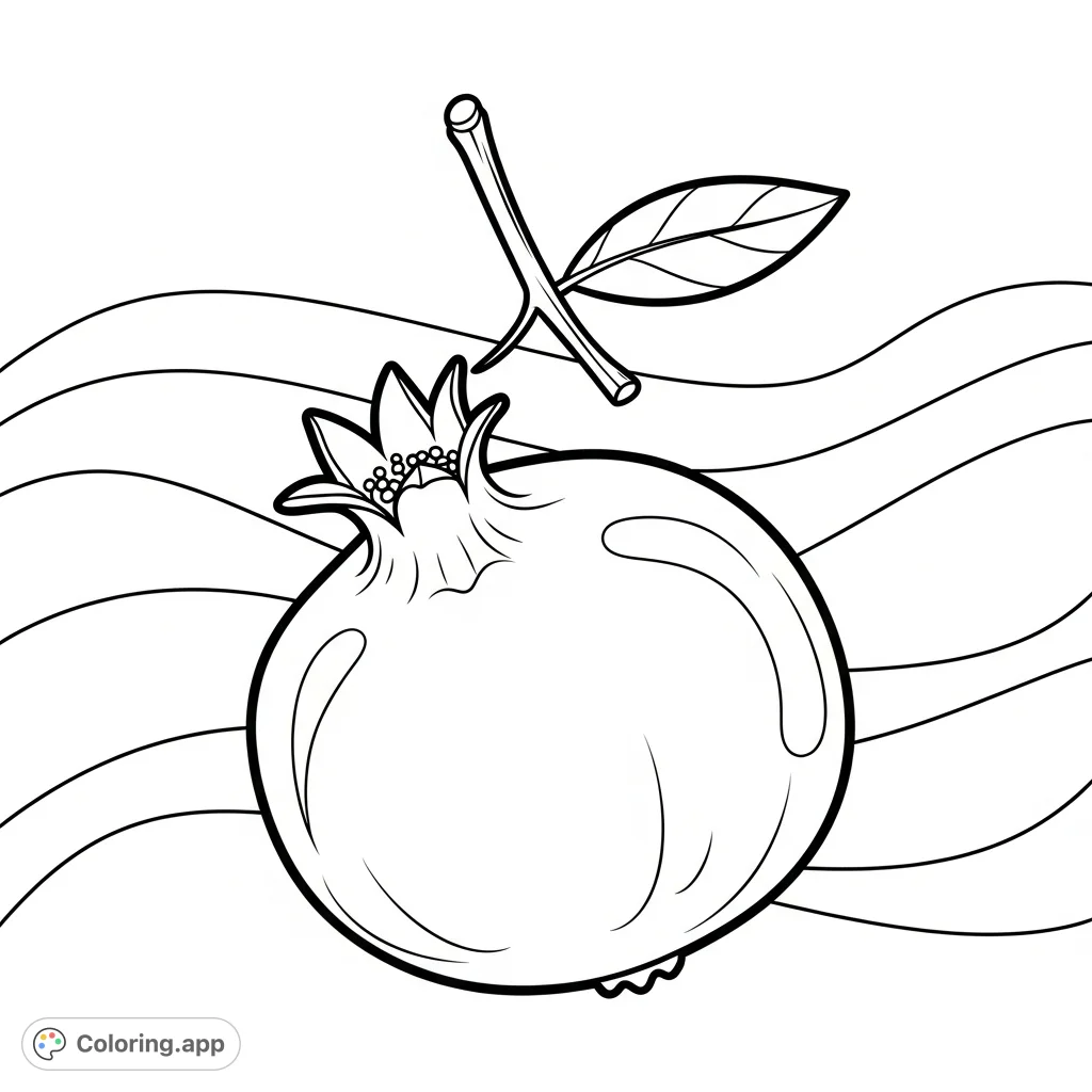 Color a delightful, ripe pomegranate with its crown-like calyx and a delicate leaf. A simple, charming background awaits your creative touch.