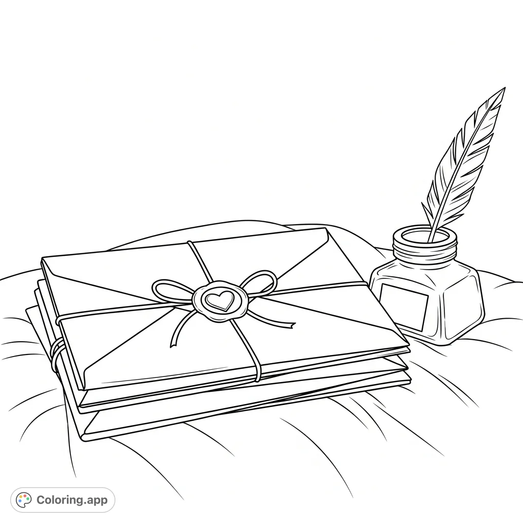 A charming still life featuring a stack of neatly folded letters tied with a ribbon, a heart-shaped wax seal, and a vintage inkwell with a quill. Perfect for quiet contemplation.