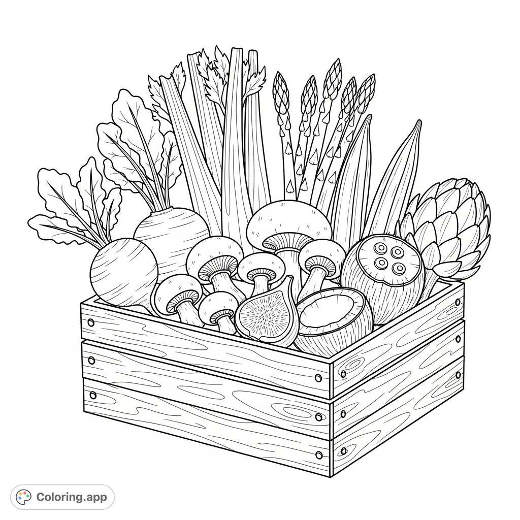 A delightful rustic wooden crate brimming with a diverse bounty of fresh produce: radishes, beetroot, turnip, celery, asparagus, mushrooms, okra, artichoke, fig, and coconut.
