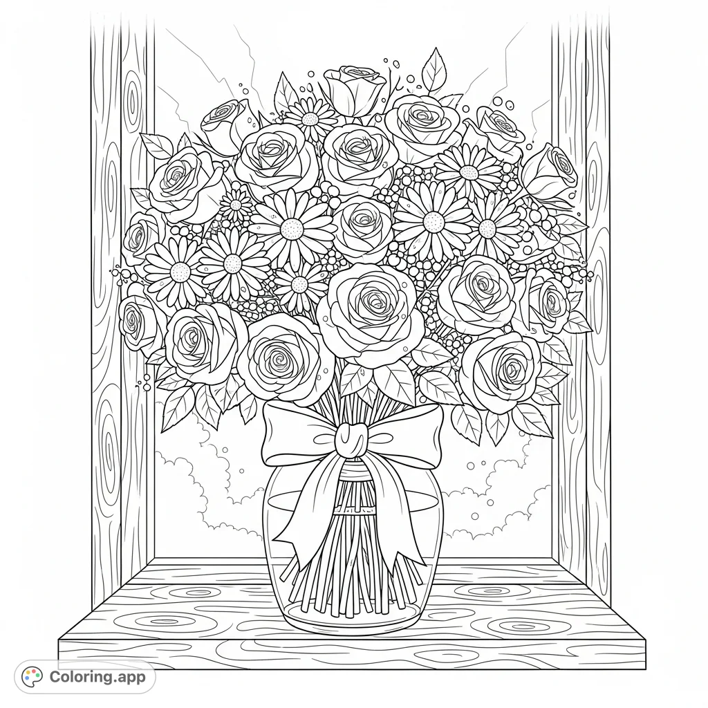 Discover a beautiful floral bouquet of roses and daisies tied with a ribbon, resting on a rustic windowsill. Perfect for tranquil coloring moments.