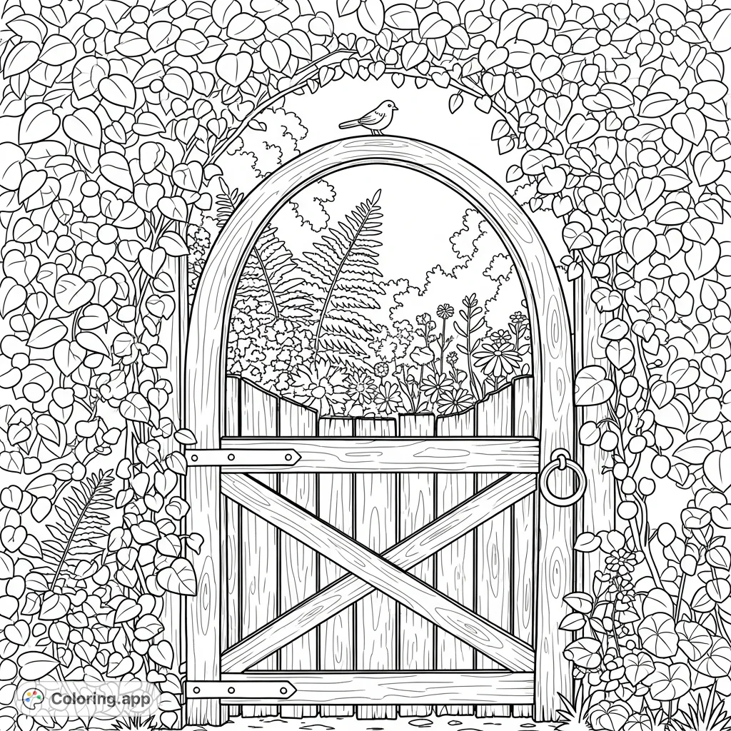 Discover a charming, rustic garden gate adorned with tangled vines and a small bird, leading to a hidden world of ferns and wildflowers.