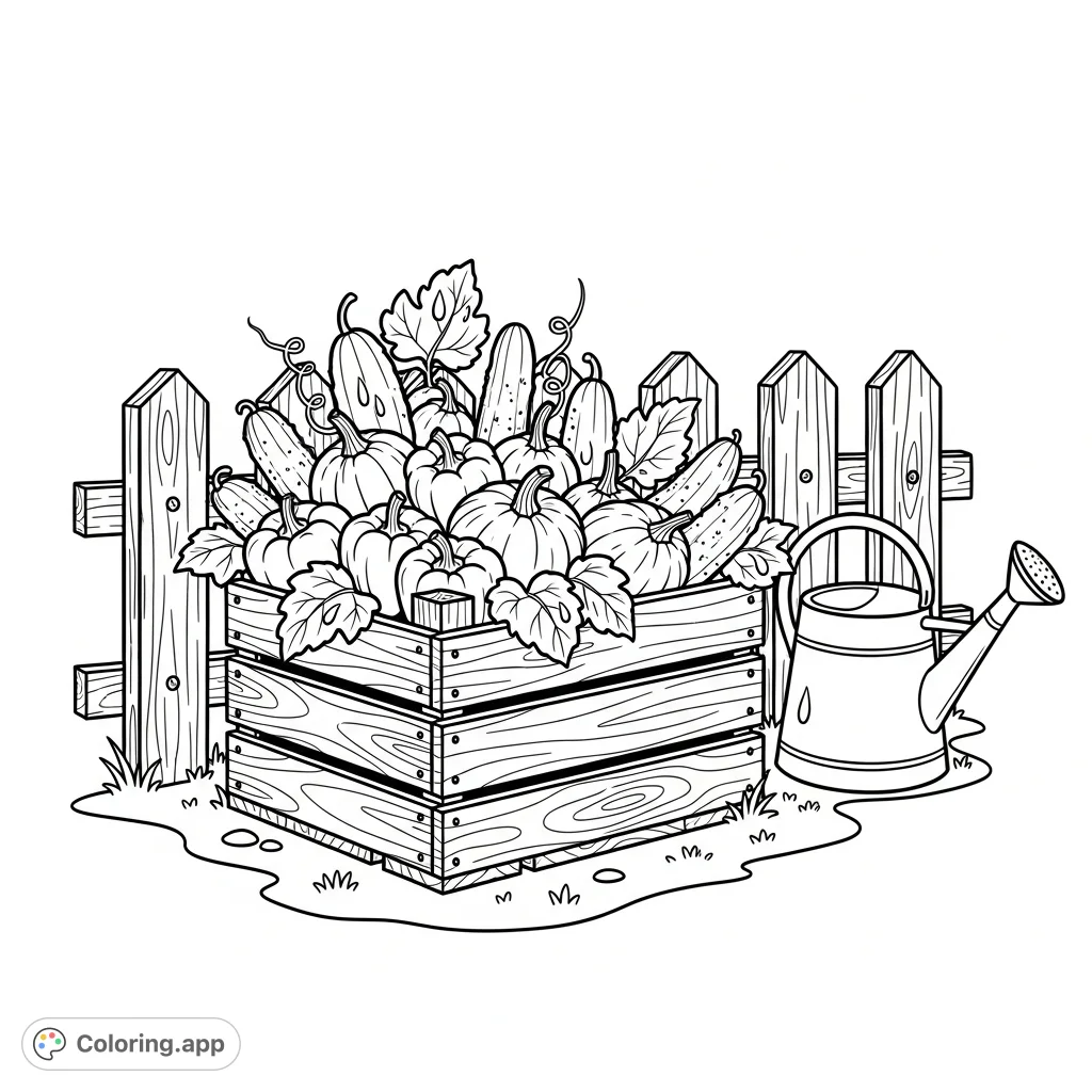 Discover a bountiful rustic harvest scene featuring a wooden crate overflowing with garden vegetables, a weathered picket fence, and a watering can.