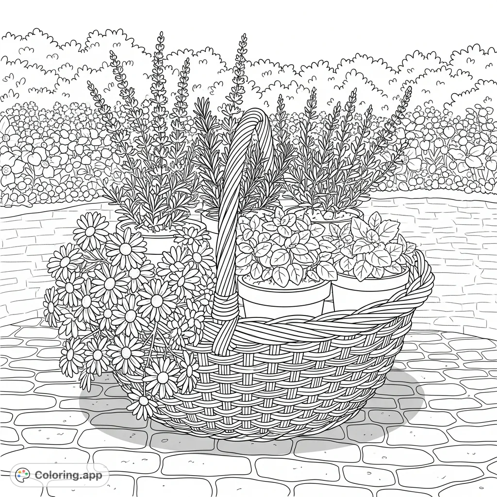 Discover a charming rustic woven wicker basket overflowing with potted herbs, scattered daisies, and lavender, resting on a cobblestone path. A delightful garden scene.