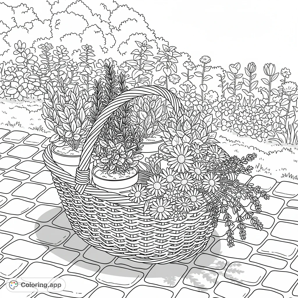 A rustic wicker basket overflows with potted rosemary, mint, and scattered daisy and lavender blooms. It rests on a cobblestone path, with a leafy flower bed in the background.
