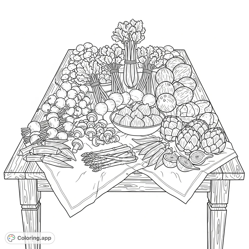 Discover a bountiful rustic harvest on a weathered wooden table, featuring fresh radishes, beetroots, celery, asparagus, mushrooms, okra, artichokes, figs, and coconuts.
