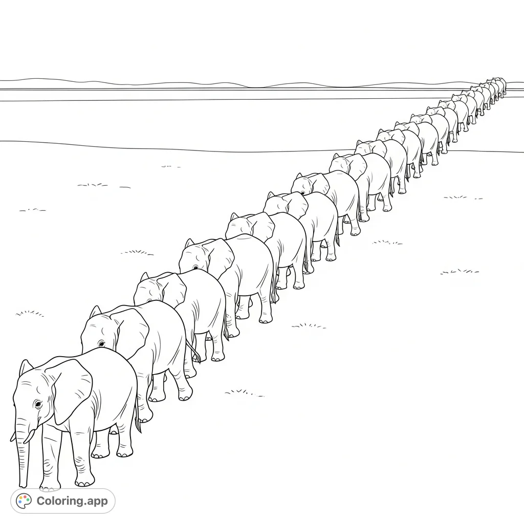 A charming procession of baby elephants marching across a vast savanna. Features identical side profiles and a rhythmic visual flow, perfect for a serene coloring experience.