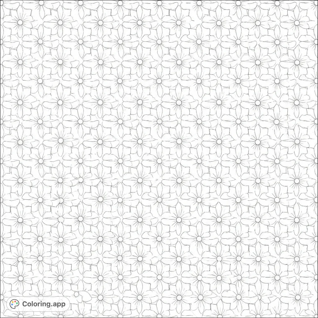 A tranquil and expansive pattern of numerous identical, simple flowers arranged in a precise grid, offering a calming and repetitive design for focused coloring.