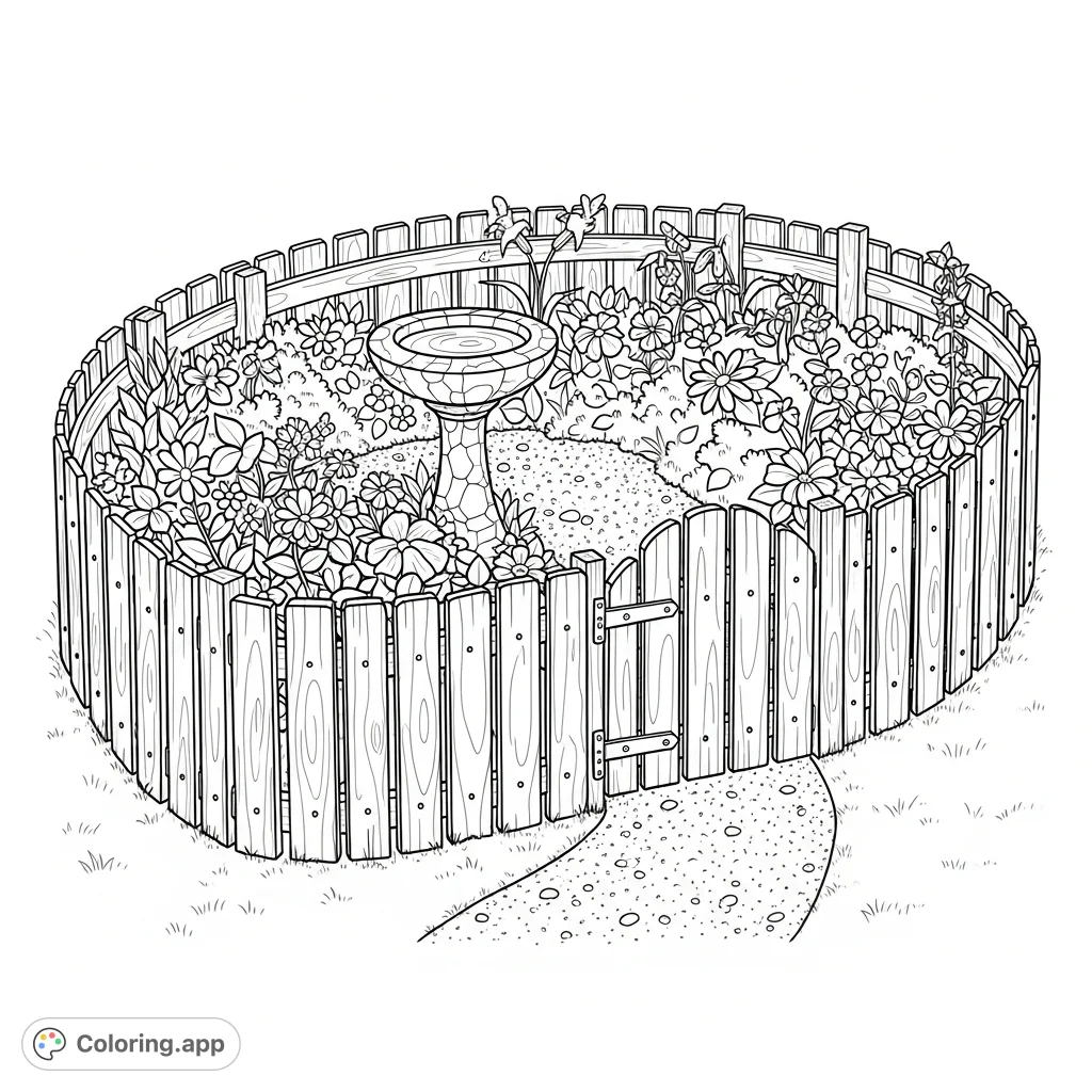 Discover a tranquil garden scene with a detailed wooden fence, a stone bird bath, winding gravel path, and blooming foliage. A perfect nature-themed coloring page.